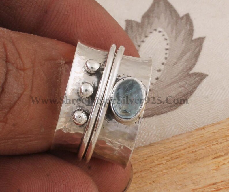 Aquamarine Natural Gemstone Ring,Silver Band Ring,925-Sterling S