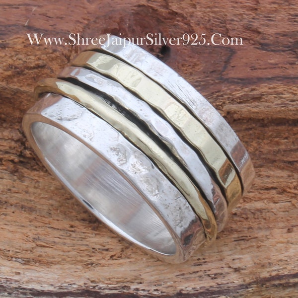 Thumb Ring 925-Sterling Silver Ring, Spinner Ring Two Tone Ring, Antique Silver Ring Silver & Brass Ring Boho Gift Item Spinner Ring