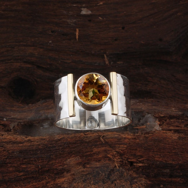 Handgemaakte citrien sterlingzilveren bandring: gehamerde boho-sieraden