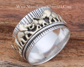 Thumb Ring 925-Sterling Silver Ring,Antique Silver Ring,Spinner Ring,Two Tone Ring Elephant & Elephant Family Spinner RingBirthstone