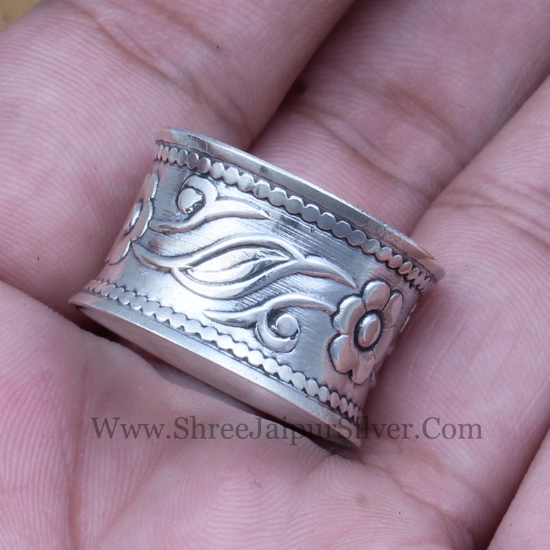 Sterling Silver Engraved Flower Band Ring: Handmade Vine Thumb Ring - Etsy