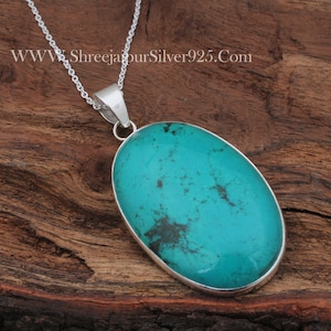 Tibetan Turquoise Sterling Silver Pendant Necklace: Handmade Oval Gemstone