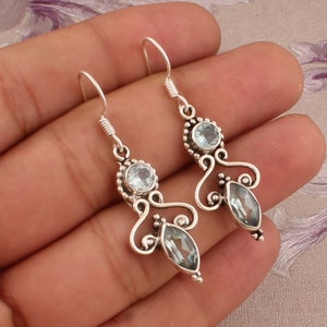 Blue Topaz Sterling Silver Earrings: Dotted Design, November Birthstone