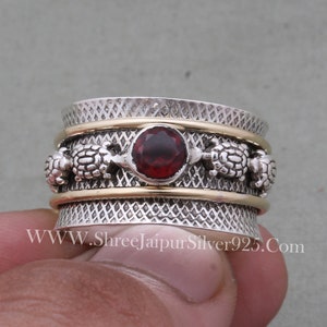 Turtle Spinner 925 Sterling Silver Natural Red Garnet Spinner Ring, Handmade Engraved Wide Band Fidget Anxiety Ring Gifts For Her Birthday image 3