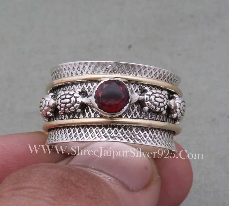 Turtle Spinner 925 Sterling Silver Natural Red Garnet Spinner Ring, Handmade Engraved Wide Band Fidget Anxiety Ring Gifts For Her Birthday image 3