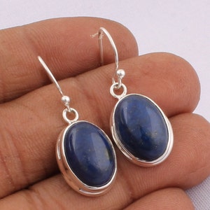 Natural Lapis Lazuli Earrings, Solid 925 Sterling Silver Earrings, Handmade Oval Earrings, Blue Lapis Stone Earrings, Women Wedding Earrings