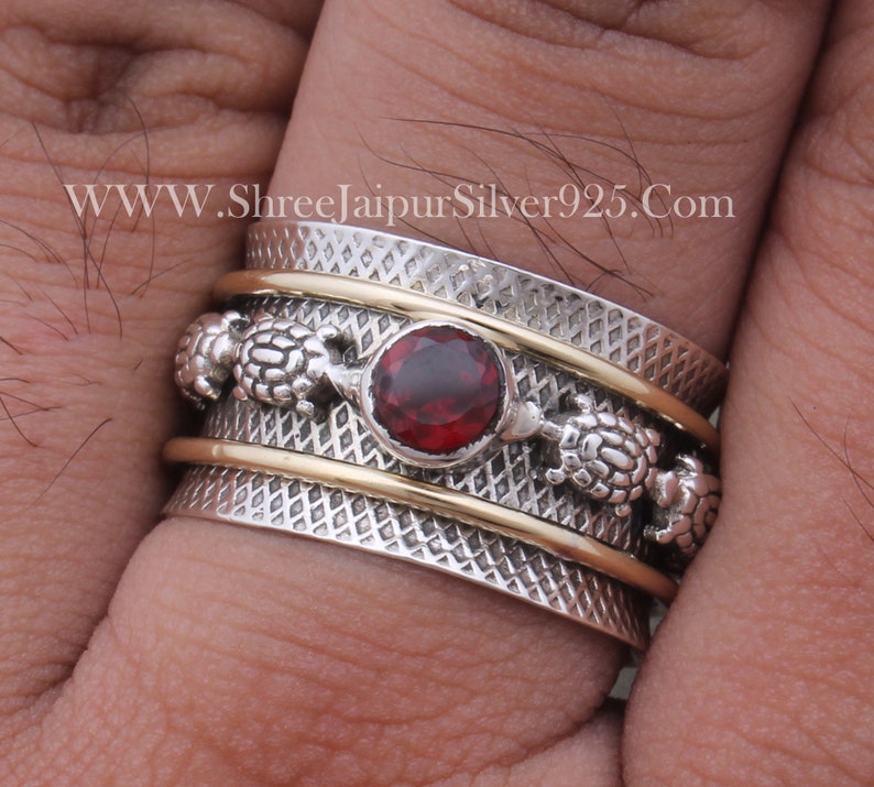 Turtle Spinner 925 Sterling Silver Natural Red Garnet Spinner Ring, Handmade Engraved Wide Band Fidget Anxiety Ring Gifts For Her Birthday image 4