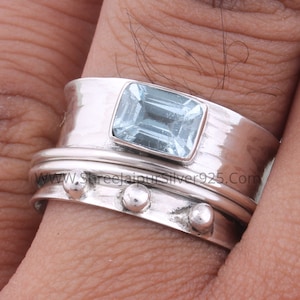 Blue Topaz Sterling Silver Spinner Ring: Handmade Boho Worry Ring