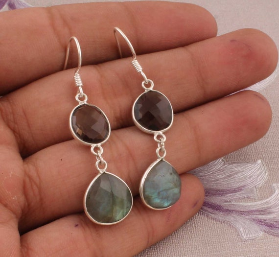 Orecchini con pietre preziose di quarzo fumé / Argento Sterling 925 / Orecchini con gancio / Orecchini pendenti in argento per donne e ragazze / Regalo per lei - Italia