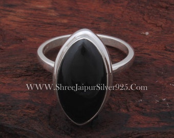 Black Onyx Sterling Silver Ring: Marquise Gemstone, Handcrafted