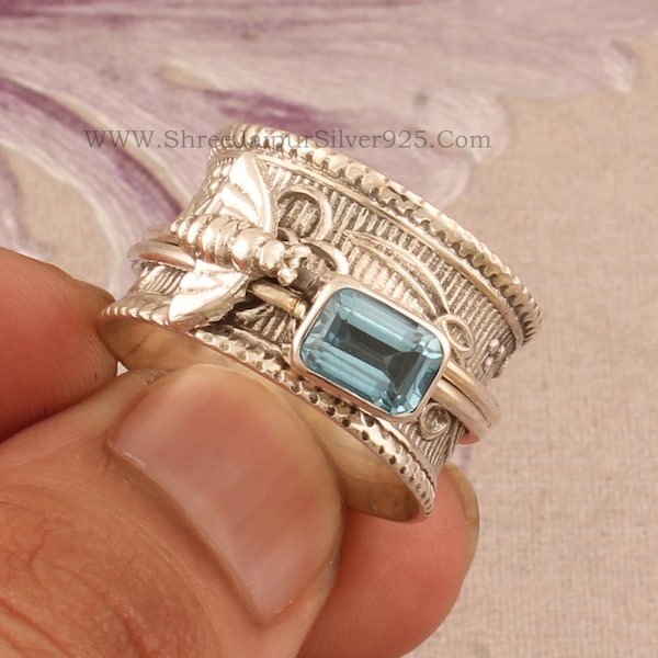 Natural Blue Topaz Solid 925 Sterling Silver Spinner Ring For Women, Handmade Silver Honey Bee Blue Topaz Ring For Wedding Anniversary Gift
