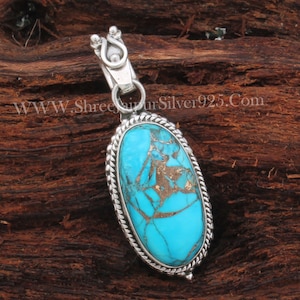 Blue Copper Turquoise Sterling Silver Pendant: Handmade Oval Design