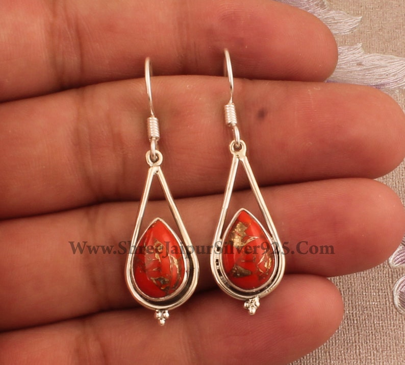 Orange Copper Turquoise Pear Stone Solid 925 Sterling Silver Earrings For Women, Handmade Silver Earrings For Wedding Anniversary Gift Idea image 1