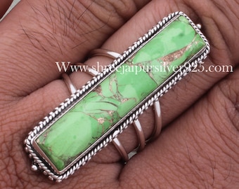 Long Copper Turquoise Silver Ring Gemstone Ring 925 Sterling Silver Green , Rectangle Stone Silver Ring, Handmade Boho Rings Gift