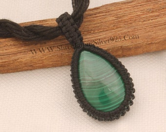 Handmade Malachite Macrame Pendant Necklace: Bohemian Gemstone Jewelry