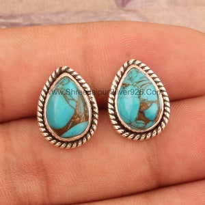 Blue Copper Turquoise Solid 925 Sterling Silver Stud Earrings For Women, Handmade Pear Spiral Silver Stud Earrings