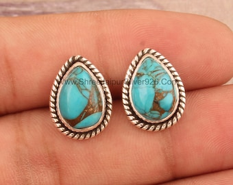 Blue Copper Turquoise Solid 925 Sterling Silver Stud Earrings For Women, Handmade Pear Spiral Silver Stud Earrings