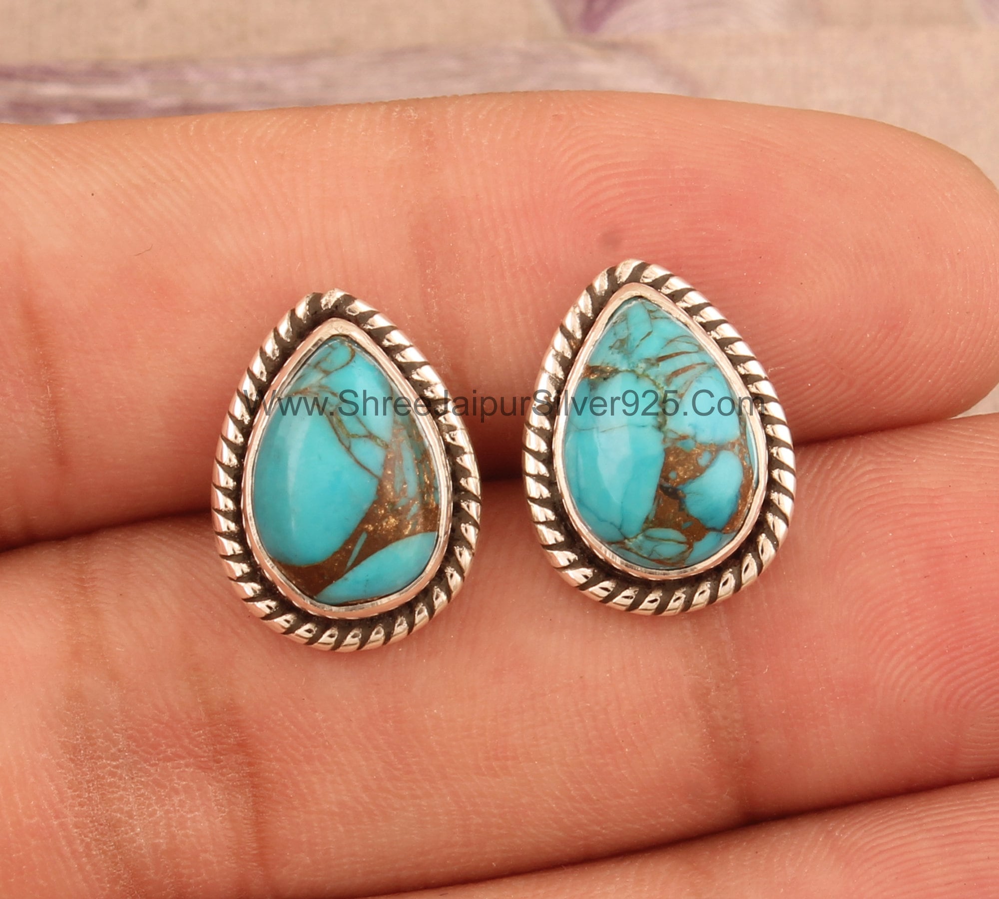 Turquoise Sterling Silver Stud Earrings: Handmade Pear Spiral Design