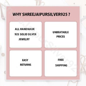 Op de afbeelding: Een afbeelding met de tekst "WHY SHREEJAIPURSILVER925?" en vier vakken. De vakken bevatten de volgende tekst: "ALL HANDMADE 925 SOLID SILVER JEWELRY", "UNBEATABLE PRICES", "EASY RETURNS" en "FREE SHIPPING".