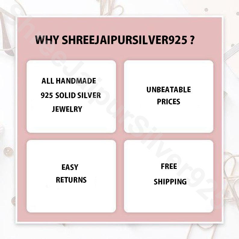 Op de afbeelding: Een afbeelding met de tekst "WHY SHREEJAIPURSILVER925?" en vier vakken. De vakken bevatten de volgende tekst: "ALL HANDMADE 925 SOLID SILVER JEWELRY", "UNBEATABLE PRICES", "EASY RETURNS" en "FREE SHIPPING".
