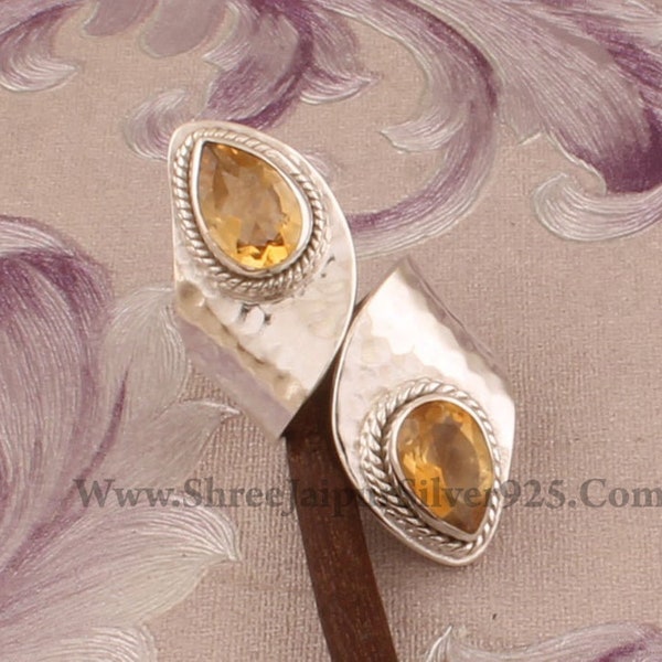 925 Sterling Silver Natural Citrine Pear Gemstone Adjustable Ring, Designer Handmade Hammered Two Stone Silver Ring, Valentine's Day Jewelry