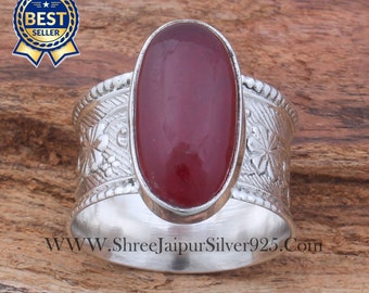 Red Jade Sterling Silver Band Ring - Boho Handmade Gemstone Ring
