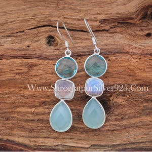 Aqua Chalcedony Moonstone Earrings: Sterling Silver Dangle Earrings