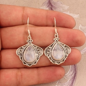 Natural Rainbow Moonstone Solid 925 Sterling Silver Earrings For Women Handmade Pear Stone Indian Earrings For Wedding Anniversary Gift Idea