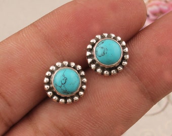 Turquoise Stud Earrings: Handmade Sterling Silver Round Earrings