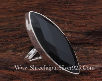 Sterling Silver Black Onyx Marquise Ring - Long Statement Ring