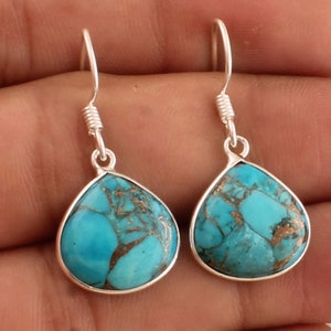 Pendientes de turquesa en plata de ley 925: corazón con gema colgante