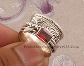 925 Sterling Silver Natural Red Garnet Spinner Ring, Handmade Honey Bee Engraved Wide Band Fidget Anxiety Ring Gifts For Her Anniversary