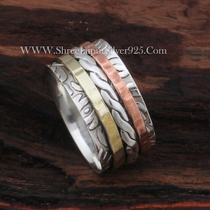 Spinner Ring 925 Sterling Silver Designer Spinner Ring For Women, Handmade Three Tone   Ring