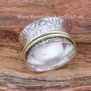 Sterling Silver Spinner Ring: Two Tone Brass Band, Fidget Ring