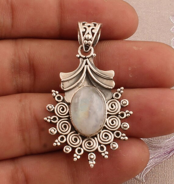 Natural Moonstone 925 Sterling Silver Feather Victorian Style Pendant W/ 18 Inch Chain Necklace