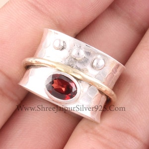 Red Garnet Oval Cut Solid 925 Sterling Silver Spinner Ring For Women, Handmade Hammered Band Two Tone  Fidget Ring Gifts For Her