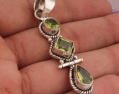 Peridot Natural Top Quality Gemstone Pendant 925-Sterling Silver Pendant,Antique Silver Pendant Three Stone Pendant,Big Pendant Gift For Her