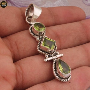Peridot Natural Top Quality Gemstone Pendant 925-Sterling Silver Pendant,Pendant Three Stone Pendant,Big Pendant Gift For Her