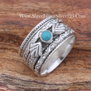 Anillo giratorio de plata de ley con turquesa y diseño de La Bella Durmiente, estilo Navajo, hecho a mano.