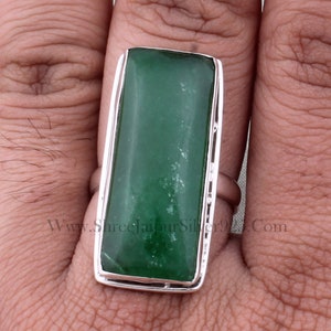 Green Jade Sterling Silver Ring: Handmade Rectangle Stone Band