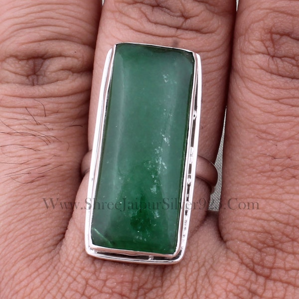 Green Jade Solid 925 Sterling Silver Ring For Women, Handmade Rectangle Bar Stone Band Ring For Wedding Anniversary Gift For WomenBirthstone