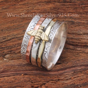 Handmade Honey Bee Spinner Ring: 925 Sterling Silver Fidget Jewelry