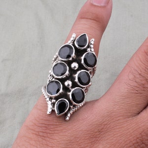 Black Onyx Sterling Silver Ring: Handmade Boho Cluster Design