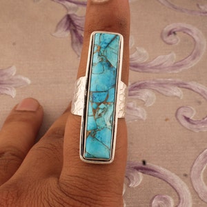 Hammered Blue Copper Turquoise 925 Sterling Silver Textured Band Ring For Women, Handmade Long Gemstone Rectangle Bar Ring Gift For Her