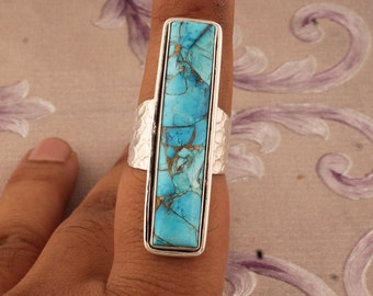 Hammered Blue Copper Turquoise 925 Sterling Silver Textured Band Ring For Women, Handmade Long Gemstone Rectangle Bar Ring Gift For Her