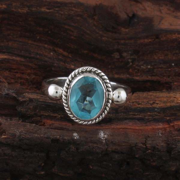 Handgemachter Oval Blautopas Ring: Sterling Silber Boho Versprechen Ring