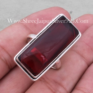 Red Garnet Quartz Solid 925 Sterling Silver Ring For Women, Handmade Rectangle Bar Stone Band Ring For Wedding Anniversary Gift For Her