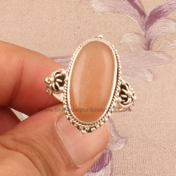 Peach Moonstone Gemstone Ring, 925 Sterling Silver Peach Moonstone Oval Shape Gemstone Ring, Handmade Stone Ring, Christmas Gift For Women