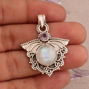 Rainbow Moonstone & Amethyst Solid 925 Sterling Silver Necklace Pendant For Women, Handmade Gemstone Silver Pendant For Wedding Anniversary