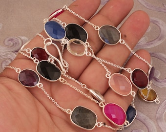 Sterling Silver Multi Gemstone Necklace: Handmade Rainbow Jewelry